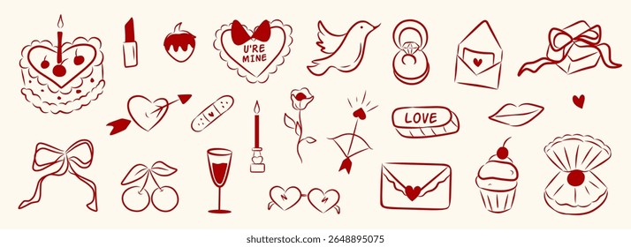 Set of hand drawn cute elements for Valentines day, wedding invitation, birthday card. Girly bows, hearts, ribbons, cherry, cake, heart frame, strawberry. Vintage elegant coquette vector illustration.