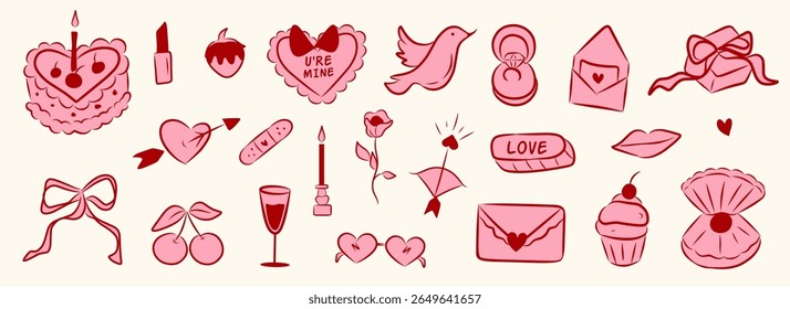 Set of hand drawn cute elements for Valentines day, wedding invitation, birthday card. Girly bows, hearts, ribbons, cherry, cake, heart frame, strawberry. Vintage elegant coquette vector illustration.