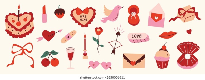 Set of hand drawn cute elements for Valentines day, wedding invitation, birthday card. Girly bows, hearts, ribbons, cherry, cake, rose, gift, strawberry. Vintage elegant coquette vector illustration.