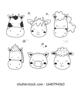 Set of hand drawn cute farm animals. Vector cow, horse, sheep, donkey, pig, goat.