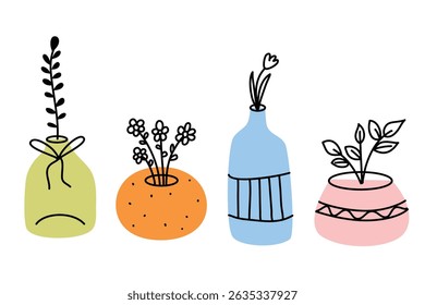 Set of hand drawn cute flowers illustration  in doodle style. Suitable for clip art, stickers, flat design illustration, etc