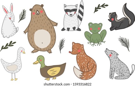 A set of hand drawn cute forest animals. Bear, racoon, skunk, frog, fox, wolf, duck, goose. Vector collection perfect for childish decoration clothes, patterns,stickers, cards