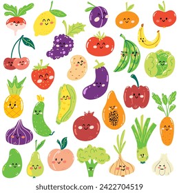 Set of hand drawn cute fruits and vegetables in kawaii style. Healthy fresh food full of vitamins, funny kids characters