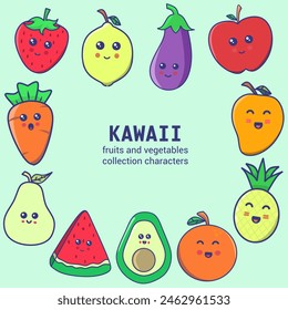 Set of hand drawn cute fruits and vegetables full color in kawaii style