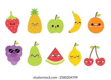 Set of hand drawn cute fruits element set with kawaii style. Funny fruit characters isolated on white background. Suitable for flat design  clip art, stickers, illustration, etc