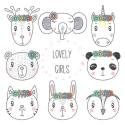 Set Of Hand Drawn Cute Funny Portraits Of Cat, Bear, Panda, Bunny, Reindeer, Unicorn, Owl, Elephant Girls With Flowers. Isolated Objects On White Background. Vector Illustration. Design Concept Kids.