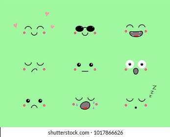 Set of hand drawn cute funny emoji with different face expressions and emotions. Isolated objects on green background. Design concept for icons, emoticons.