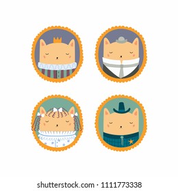Set of hand drawn cute funny portraits in frames of cats, king, sheriff, Victorian gentleman, lady. Vector illustration. Isolated objects. Scandinavian style flat design. Concept for children print.
