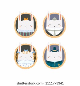 Set of hand drawn cute funny portraits in frames of bunnies, king, sheriff, Victorian gentleman, lady. Vector illustration. Isolated objects. Scandinavian style flat design. Concept for children print