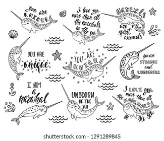 Set of hand drawn cute funny narwhals with inspirational quotes. Doodle whales for print designs, posters, t-shirts. Cartoon characters. Graphic vector illustrations isolated on white background.