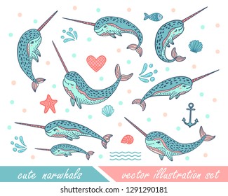 Set of hand drawn cute funny narwhals. Doodle whales for print designs, posters, t-shirts. Cartoon characters. Sketch arctic animals. Colorful vector illustrations isolated on white background.