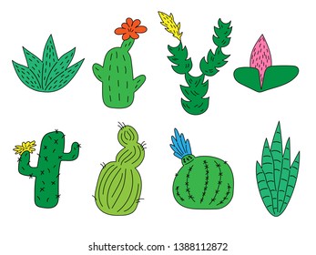 Set of hand drawn cute funny cacti and succulents. Isolated objects on white background. for icons, emoticons, stickers.