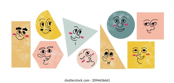 Set of hand drawn cute funny character faces on basic geometric forms with grainy texture, isolated vector illustration