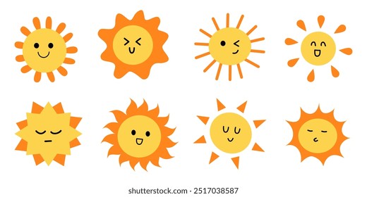 Set of hand drawn cute and funny sun element with facial expressions icon