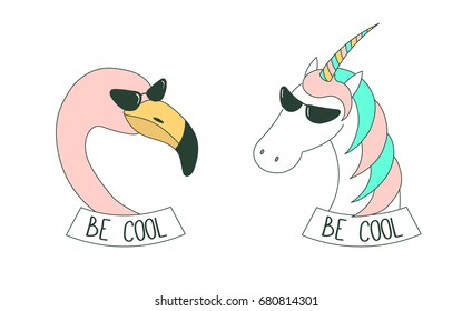 Set of hand drawn cute funny stickers in pink, with flamingo and unicorn wearing sunglasses, with text Be cool.  Isolated objects on white background. Design concept.