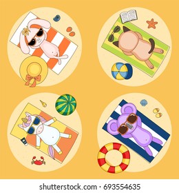 Set of hand drawn cute funny vector characters in sunglasses - koala, bunny, cat, unicorn - on the beach, lying on striped towels, sunbathing. Isolated objects. Children illustration.