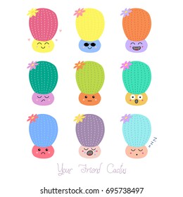 Set of hand drawn cute funny cacti in pots with different face expressions and emotions, text Your friend cactus.  Isolated objects on white background. Design concept for icons, emoticons, stickers.