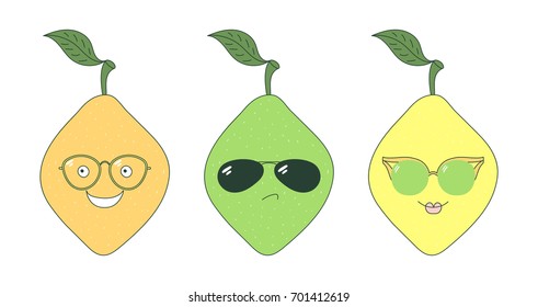 Set of hand drawn cute funny stickers with yellow, orange and green lemons wearing different glasses. Isolated objects on white background. Vector illustration Design concept for children.