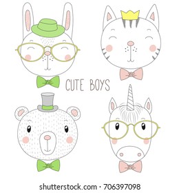 Set of hand drawn cute funny portraits of cat, bear, bunny, unicorn boys with ties, glasses and hats. Isolated objects on white background. Vector illustration Design concept for kids.