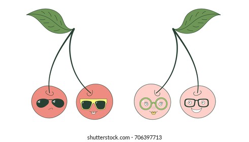 Set of hand drawn cute funny stickers with pink and red cherries wearing different glasses. Isolated objects on white background. Vector illustration Design concept for children.