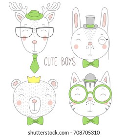 Set of hand drawn cute funny portraits of cat, bear, bunny, reindeer boys with ties, glasses and hats. Isolated objects on white background. Vector illustration Design concept for kids.