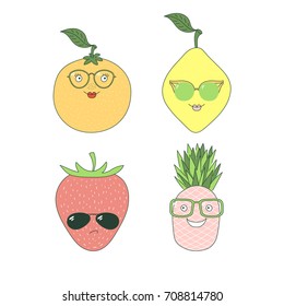 Set of hand drawn cute funny stickers with different fruits (pineapple, orange, lemon, strawberry) in glasses. Isolated objects on white background. Vector illustration Design concept for children.