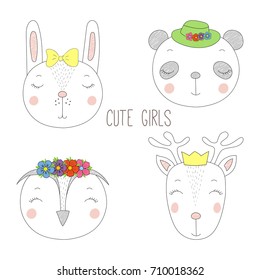 Set of hand drawn cute funny portraits of panda, bunny, reindeer, owl girls with flowers and hats. Isolated objects on white background. Vector illustration Design concept for kids.