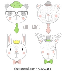 Set of hand drawn cute funny portraits of bear, panda, bunny, reindeer boys with ties, glasses and hats. Isolated objects on white background. Vector illustration Design concept for kids.
