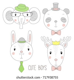 Set of hand drawn cute funny portraits of panda, bunny, reindeer, elephant boys with ties, glasses and hats. Isolated objects on white background. Vector illustration Design concept for kids.