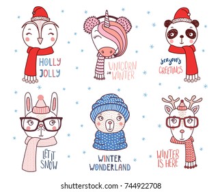 Set of hand drawn cute funny animals in different hats, glasses, earmuffs, mufflers, with winter, snow, Christmas quotes. Isolated objects on white background. Vector illustration. Design concept kids