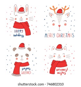 Set of hand drawn cute funny animal faces in Santa Claus hats, mufflers, with winter holidays, Christmas quotes. Isolated objects on white background. Vector illustration. Design concept for kids.