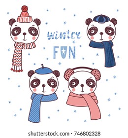 Set of hand drawn cute funny portraits of pandas in different warm hats, mufflers, text Winter fun. Isolated objects on white background. Vector illustration. Design concept for children, cold weather