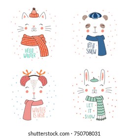 Set of hand drawn cute funny animal faces in warm hats, mufflers, with winter, snow quotes. Isolated objects on white background with snowflakes. Vector illustration. Design concept kids, cold weather