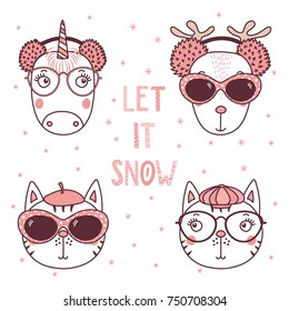Set of hand drawn cute funny portraits of cats, deer, unicorn, in different hats, earmuffs, glasses, text Let it snow. Isolated objects on white background. Vector illustration. Design concept kids.