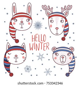 Set of hand drawn cute funny portraits of cat, bear, rabbit, deer in striped warm hats, text Hello winter. Isolated objects on white background. Vector illustration. Design concept for children.