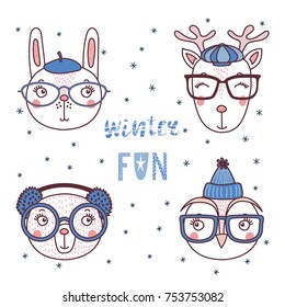 Set of hand drawn cute funny portraits of bear, rabbit, deer, owl in warm hats, earmuffs, glasses, text Winter fun. Isolated objects on white background. Vector illustration. Design concept for winter
