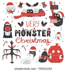 Set of hand drawn cute funny monsters in Santa Claus hats, with presents, text Very Monster Christmas. Isolated objects on white background. Vector illustration. Design concept kids, winter holidays.