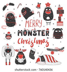 Set of hand drawn cute funny monsters in Santa Claus hats, with ornaments, text Merry Monster Christmas. Isolated objects on white background. Vector illustration. Design concept kids, winter holidays