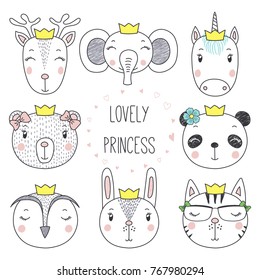 Set of hand drawn cute funny portraits of cat, bear, panda, bunny, reindeer, unicorn, owl, elephant girls in crowns. Isolated objects on white background. Vector illustration. Design concept for kids.