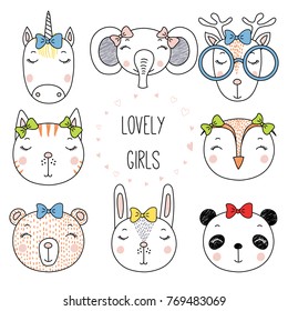 Set of hand drawn cute funny portraits of cat, bear, panda, bunny, reindeer, unicorn, owl, elephant girls with ribbons. Isolated objects on white background. Vector illustration. Design concept kids.