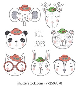 Set of hand drawn cute funny portraits of cat, bear, panda, bunny, reindeer, unicorn, owl, elephant girls in hats. Isolated objects on white background. Vector illustration. Design concept for kids.
