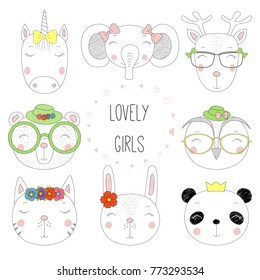Set of hand drawn cute funny portraits of cat, bear, panda, bunny, reindeer, unicorn, owl, elephant girls, with text. Isolated objects on white background. Vector illustration. Design concept for kids