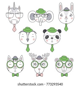 Set of hand drawn cute funny portraits of cat, bear, panda, bunny, deer, unicorn, owl, elephant boys in ties and hats. Isolated objects on white background. Vector illustration. Design concept kids.