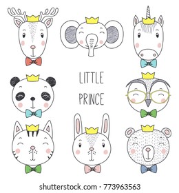 Set of hand drawn cute funny portraits of cat, bear, panda, bunny, reindeer, unicorn, owl, elephant boys in crowns. Isolated objects on white background. Vector illustration. Design concept for kids.