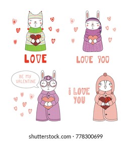 Set of hand drawn cute funny cartoon animals in sweaters, hats, holding hearts, with typography. Isolated objects on white background. Design concept for children, Valentines day. Vector illustration.