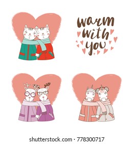 Set of hand drawn cute funny animal couples, holding hands and wrapped in a muffler, with typography. Isolated objects on white background. Design concept for kids, Valentines day. Vector illustration