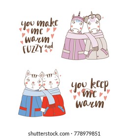 Set of hand drawn cute funny animal couples, holding hands and wrapped in a muffler, with typography. Isolated objects on white background. Design concept for kids, Valentines day. Vector illustration