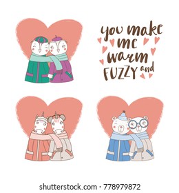 Set of hand drawn cute funny animal couples, holding hands and wrapped in a muffler, with typography. Isolated objects on white background. Design concept for kids, Valentines day. Vector illustration