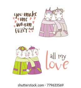 Set of hand drawn cute funny animal couples, holding hands and wrapped in a muffler, with typography. Isolated objects on white background. Design concept for kids, Valentines day. Vector illustration