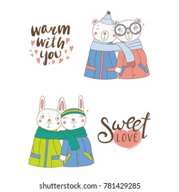 Set of hand drawn cute funny animal couples, holding hands and wrapped in a muffler, with typography. Isolated objects on white background. Design concept for kids, Valentines day. Vector illustration